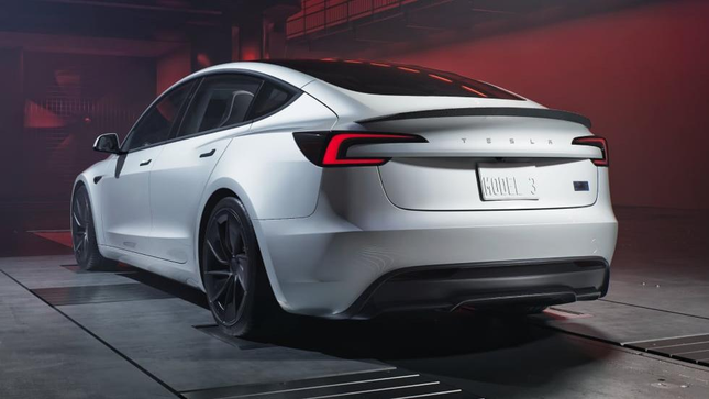 Rear view of the new white Tesla Model 3 Performance